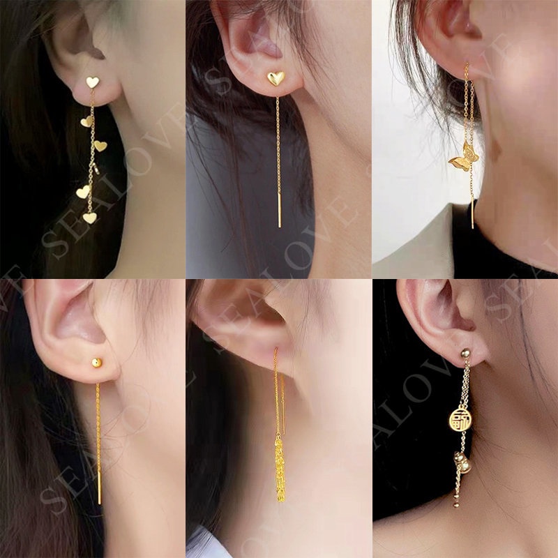 Anting Titanium Kupu Kupu gantung Panjang Anti Karat dan anti luntur Lapis Emas 18K Rumbai Perhiasan Korea