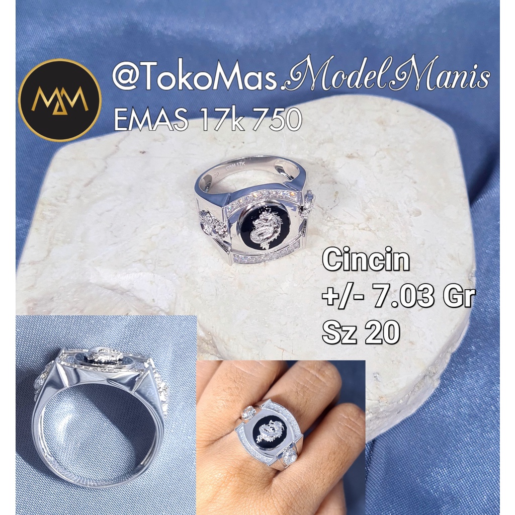 Cincin Pria Triple Dragon emas putih 750 kadar 17k
