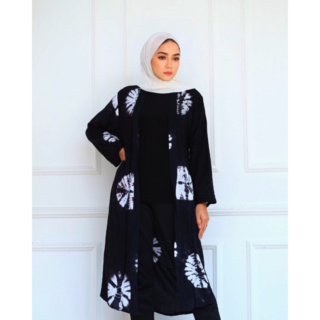 OUTER SABYAN  SHIBORI LONG VEST KARDIGAN CARDIGAN IRENGAN HITAM TIE DYE BAHAN RAYON KARDIGAN WANITA HITS KEKINIAN TERLARIS CARDIGAN