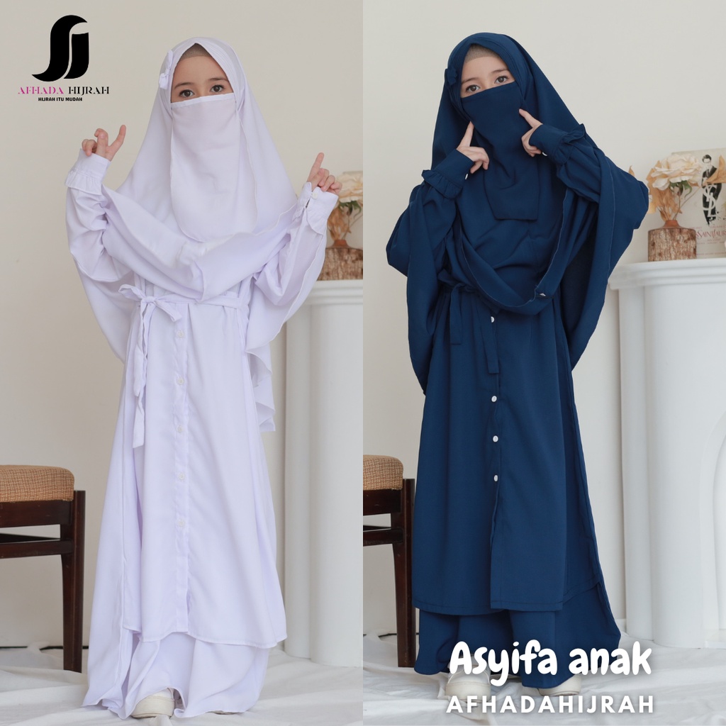 Afhadahijrah - Gamis ANAK set cadar navy white ASYIFA terbaru murah