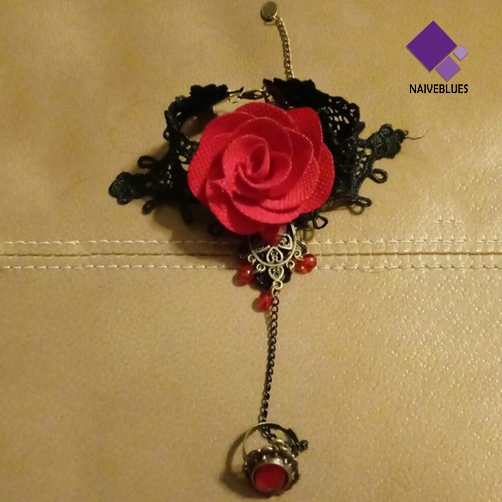 Gelang Cincin Jari Adjustable Bahan Lace Motif Bunga Gaya Gothic Untuk Wanita