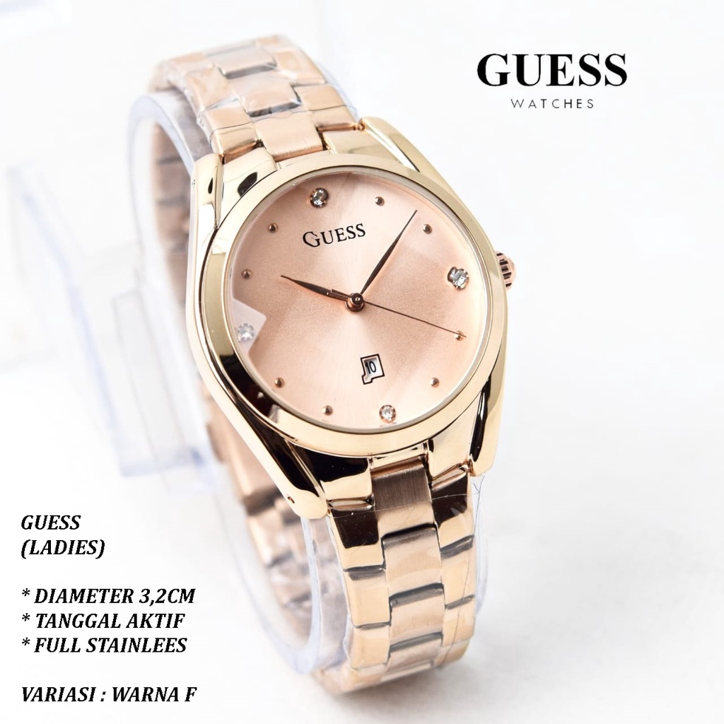 (BISA COD) JAM TANGAN WANITA GUESS RANTAI BODY BULAT TANGGAL AKTIF