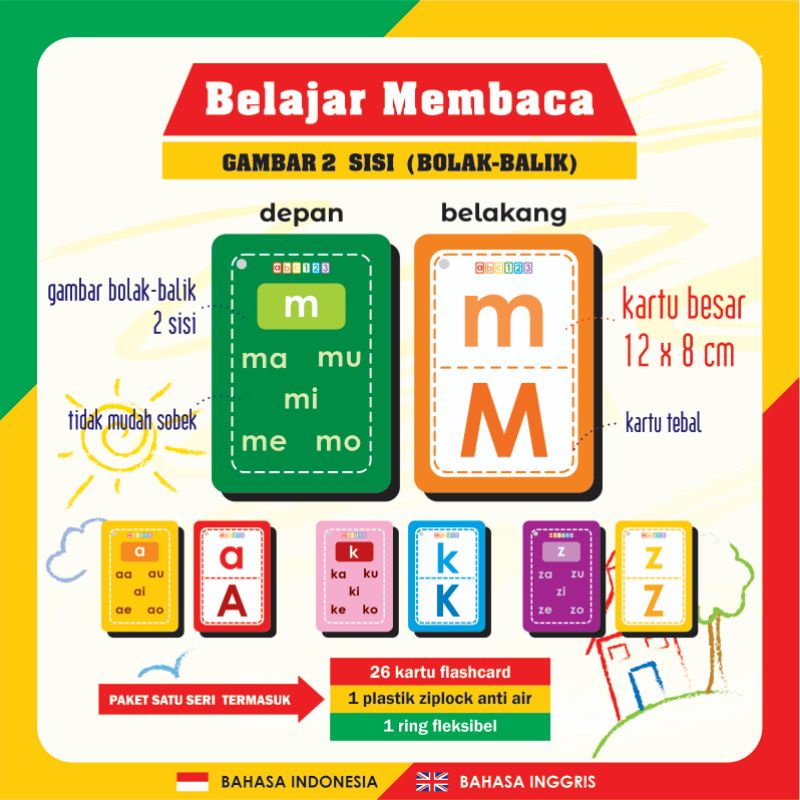 Flash Card RING ( GAMBAR 2 SISI ) Membaca aiueo ba bi bu be bo za zi zu ze zo Kartu Belajar Anak Flashcard Mainan Edukasi