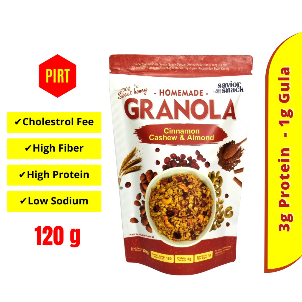 

GRANOLA SAVIOR SNACK Crunchy CINNAMON CASHEW ALMOND 120g MAKANAN SEHAT TINGGI NUTRISI BEBAS GULA & GARAM CEMILAN ENAK BERGIZI BAHAN ALAMI TANPA BAHAN PENGAWET