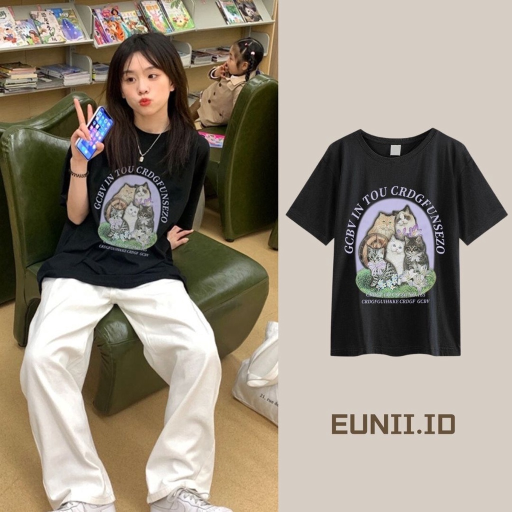 EUNII T-shirt Lengan Pendek Retro Kucing Pencetakan Longgar Korean Style/Kaos Atasan Wanita/Baju Kaus Oversize Wanita