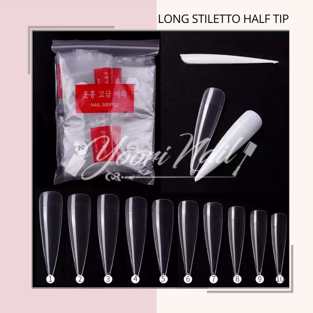 Fake nails long stiletto 500pcs kuku palsu runcing lancip sharp nails clear cream natural