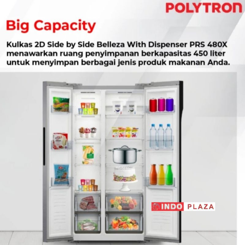 KULKAS POLYTRON SIDE BY SIDE PRS-480X WATER DISPENSER NEW BELLEZA (BLACK GLASS)