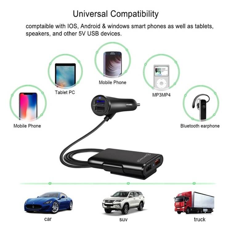 Mobil Charger HP 4 Port USB HP Car Charger Super Fast Charging 3.1A Qualcomm QC3.0 8A 4 in 1