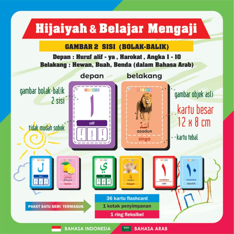 Flash Card RING ( GAMBAR 2 SISI ) Huruf &amp; Angka Hijaiyah Harokat Mengaji Nama Hewan Buah Benda bahasa Arab . Kartu Pintar Mainan Edukasi Flashcard Anak