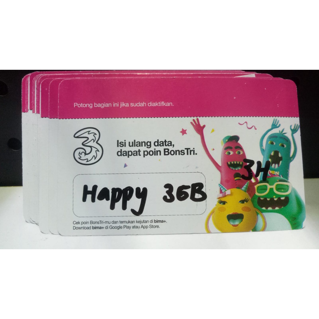 voucher TRI  happy 3gb ( 4gb area promo ) 3 hari,happy 3.5gb ( 6gb area promo) 5hari, happy 5gb ( 8g