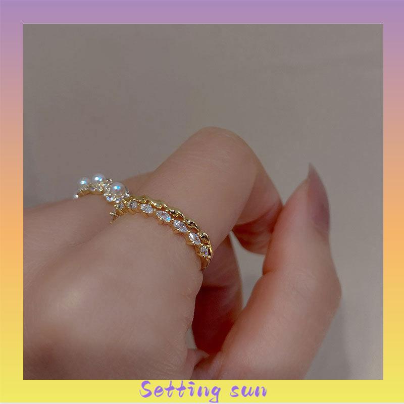 Double-layer Retro Pearl Diamond Ring Niche Light Desain Mewah Cincin Dapat Disesuaikan Terbuka TN