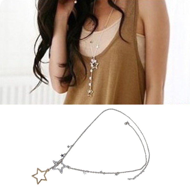 Kalung Multilayer Dengan Liontin Bintang Aksen Berlian Imitasi Untuk Wanita