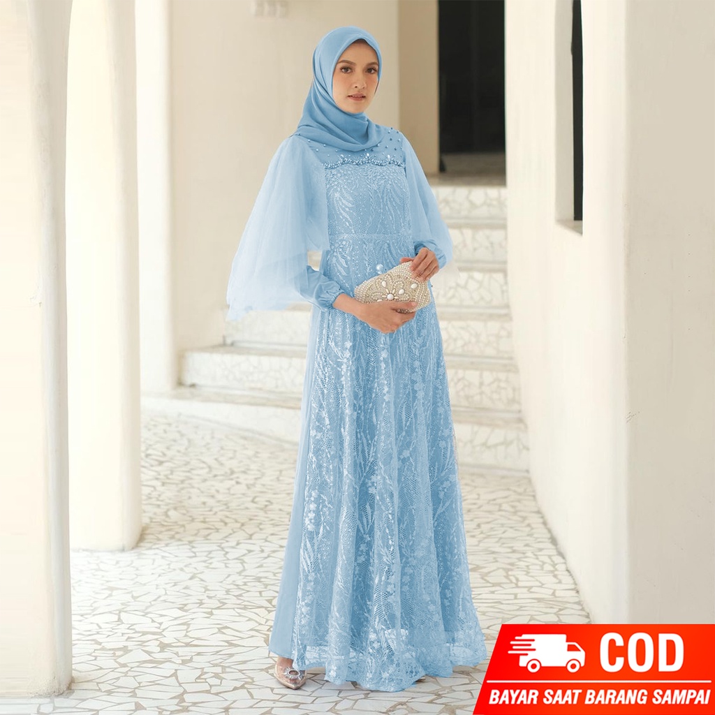 READY JUMBO DAN ALLSIZE | BISA COD MAXI DRESS GAMIS BROKAT LUNA DRESS BRUKAT TULLE KEKINIAN OUTFIT PESTA SERAGAM BRIDESMAID GAMIS BROKAT TILLE DRESS KONDANGAN GAMIS LEBARAN-ICE BLUE
