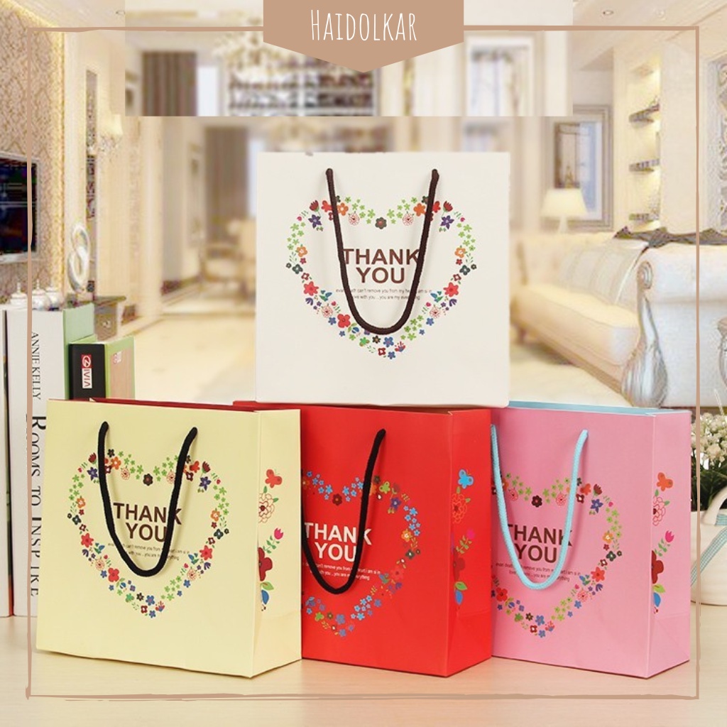 

kantong kotak souvenir, kantong bingkisan, kantong hadiah pesta, paper bag motif thank you