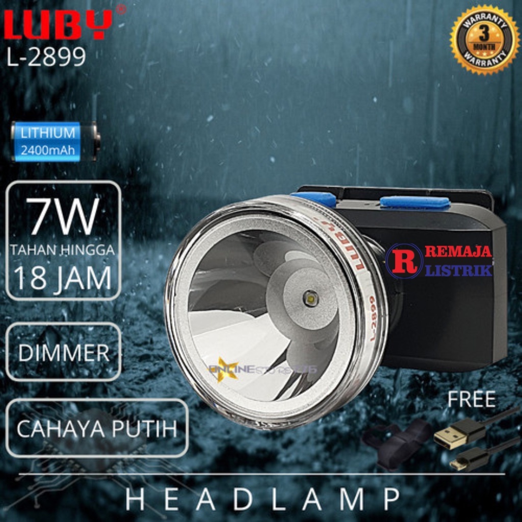 Senter Kepala Luby L-2899 Headlamp Cahaya Putih 7 Watt