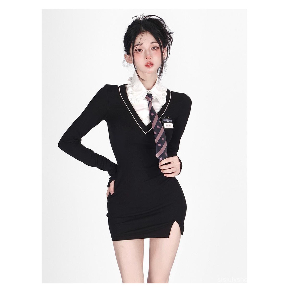 [✅BISA COD] #Sisjuly# Seragam preppy wanita palsu dua potong lengan panjang rajutan ramping gaun rajutan musim g