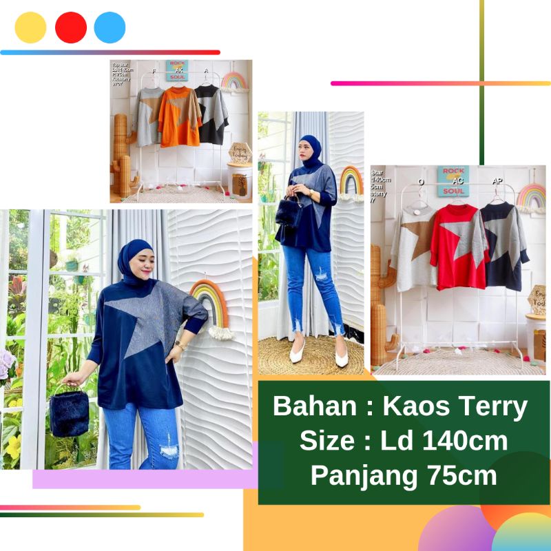 BJ Atasan Blouse Kaos Babyterry Wanita Jumbo Lengan Panjang Ld 140 Star Blus