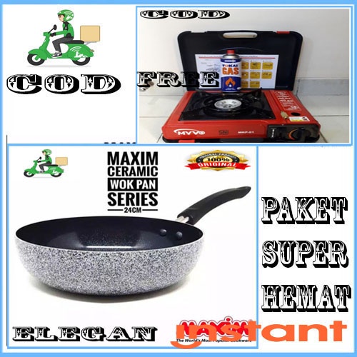 PAKET ISI 3 PCS MAXIM NEOSTONE DEEP WOK 24 CM+KOMPOR PORTABLE+GAS KALENG KOMPLIT