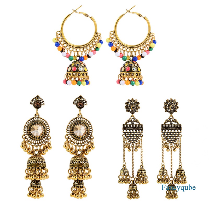 Anting Liontin Mutiara Bentuk Sangkar Burung Warna Emas Gaya Etnik Bohemian Indian Jhumka Jhumki Vintage
