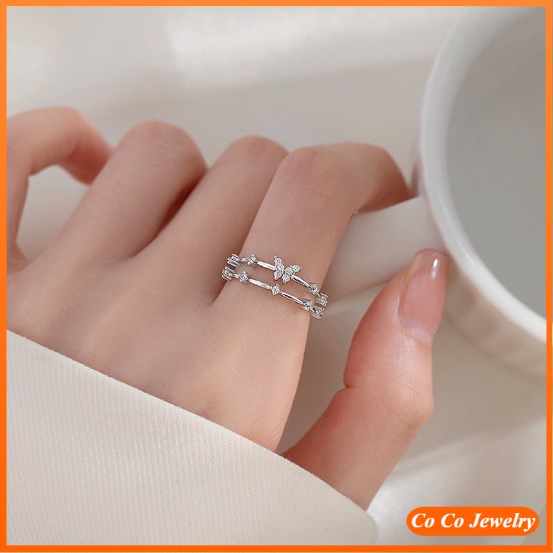 Cincin Model Terbuka Bahan Sterling Silver 925 Desain Kupukupu Ganda Hias Berlian Untuk Wanita