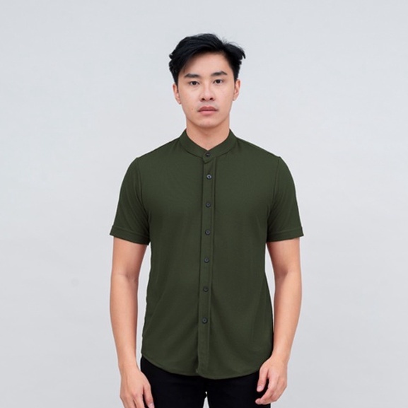 BROGUY Kemeja Pria Lengan Pendek Kerah Sanghai Casual Polos Slimfit Size M - XXL ARMY