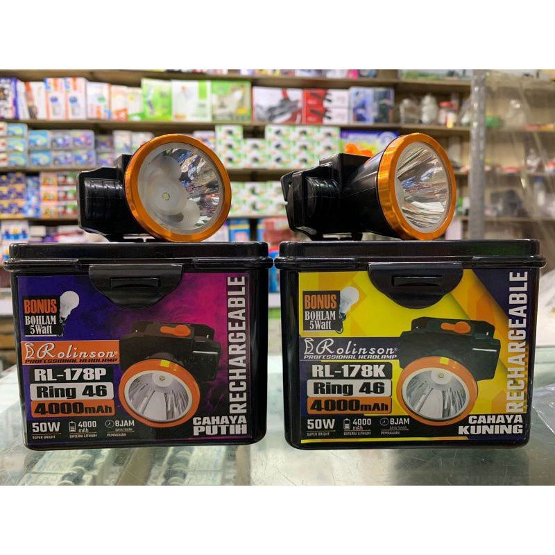 Senter Kepala Led Super Terang 50Watt Cahaya Putih &amp; Cahaya Kuning Waterproof Headlamp Anti Air