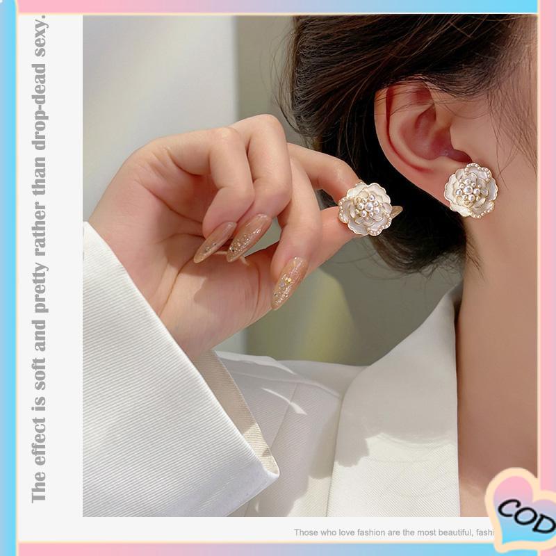 COD❤️925 anting-anting mutiara Camellia Retro anting-anting bunga berlian-A.one