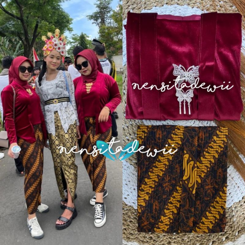 [1 Set] Kebaya Kutubaru + Rok Plisket / Nuansa Maroon