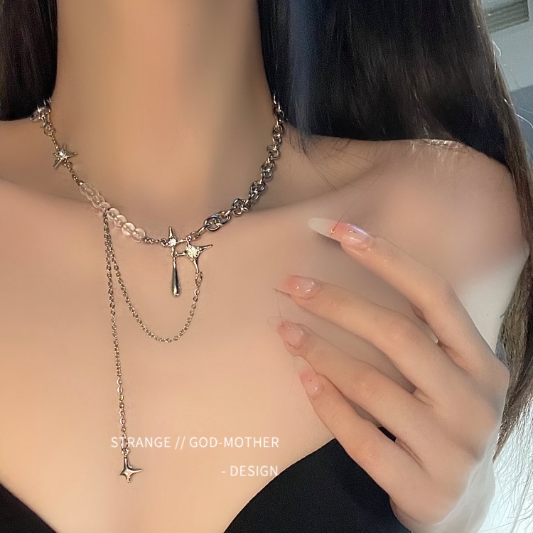 Kalung Choker Rantai Rumbai Manik-Manik Kristal Bintang Empat Sudut Warna Silver Untuk Wanita