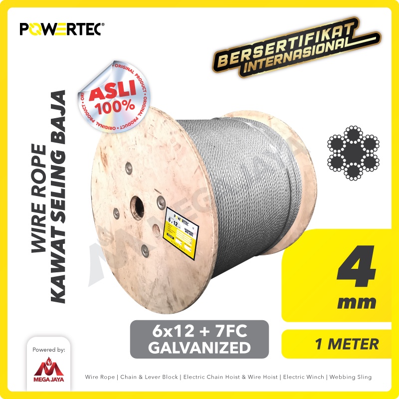 POWERTEC Wire Rope / Kawat Seling Baja 6x12 7FC 4mm Galv - 1 Meter