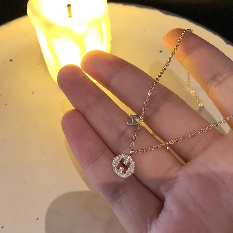 Kalung Rantai Dengan Liontin Bulat Motif Huruf H Gaya Korea Untuk Wanita