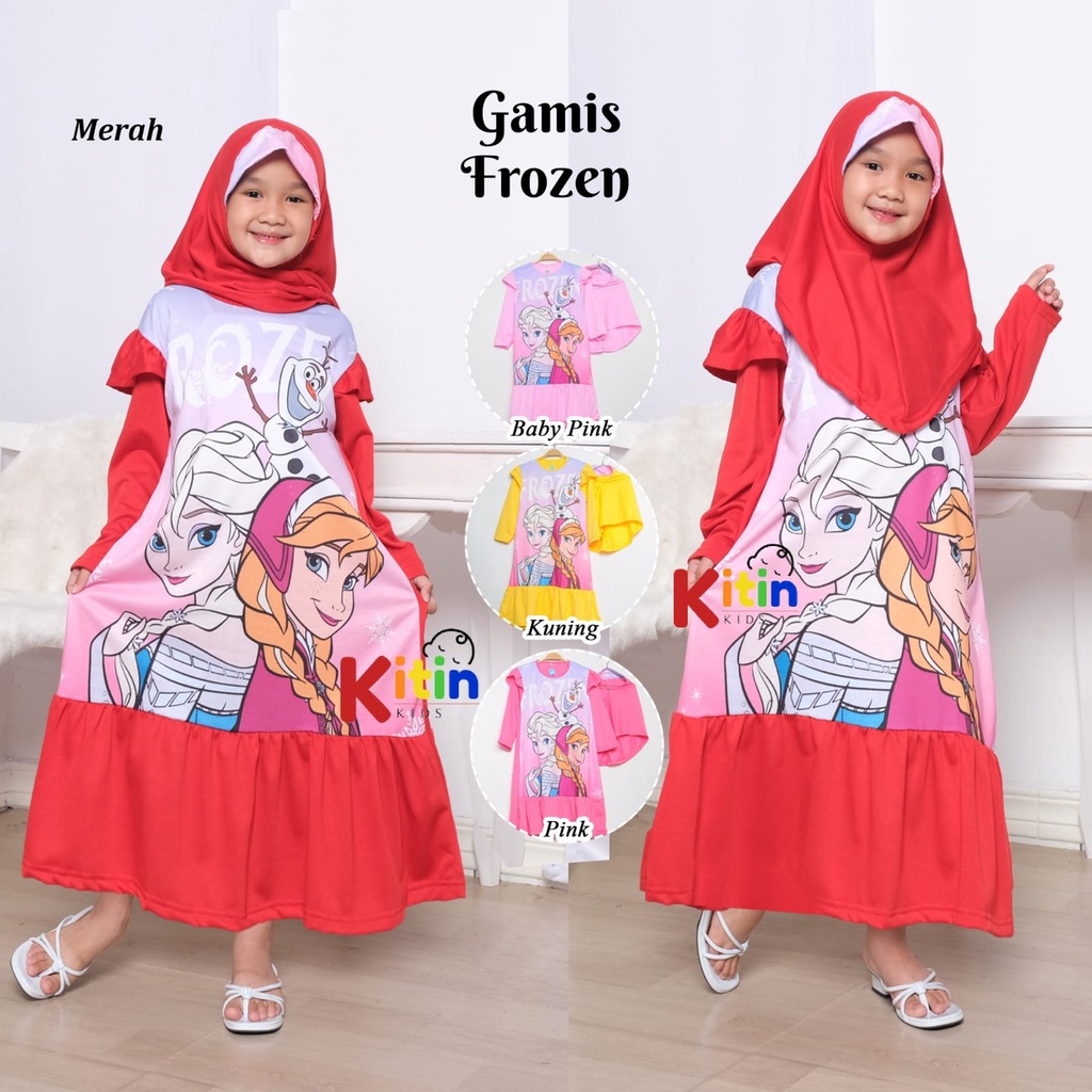 DN - GAMIS ANAK PRINTING SET HIJAB 3-11 TAHUN/ BAJU MUSLIM NGAJI ANAK PEREMPUAN MOTIF FROZEN ELSA AN