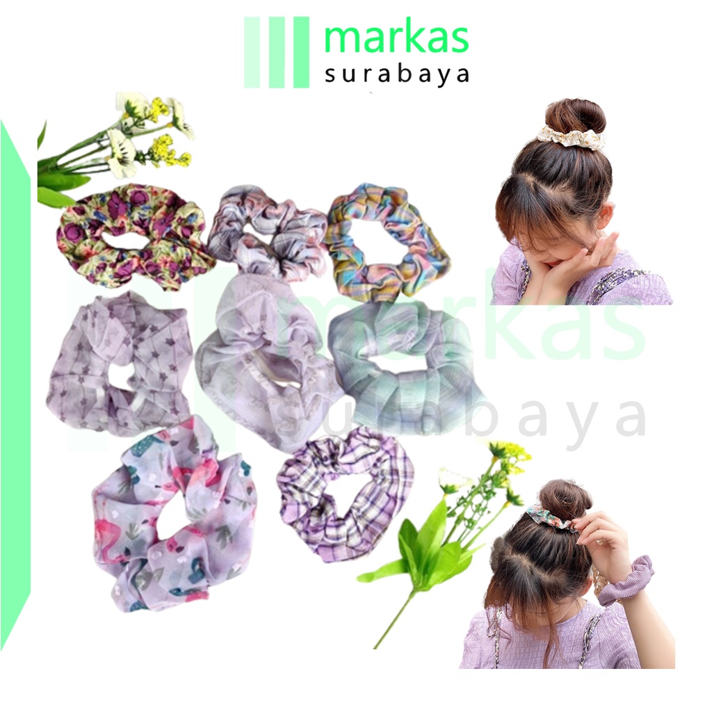 MARKAS  ACC167 Scrunchie Besar Motif Bunga Ikat Rambut Hijab Hairband Aesthetic Isi 8 Pcs Aksesoris Rambut