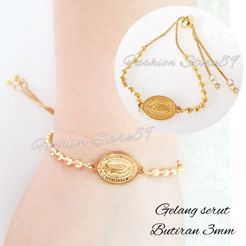 Gelang Serut Rosario Bahan Titanium Antikarat gold fashion rohani motif Bunda Maria Benediktus Salib