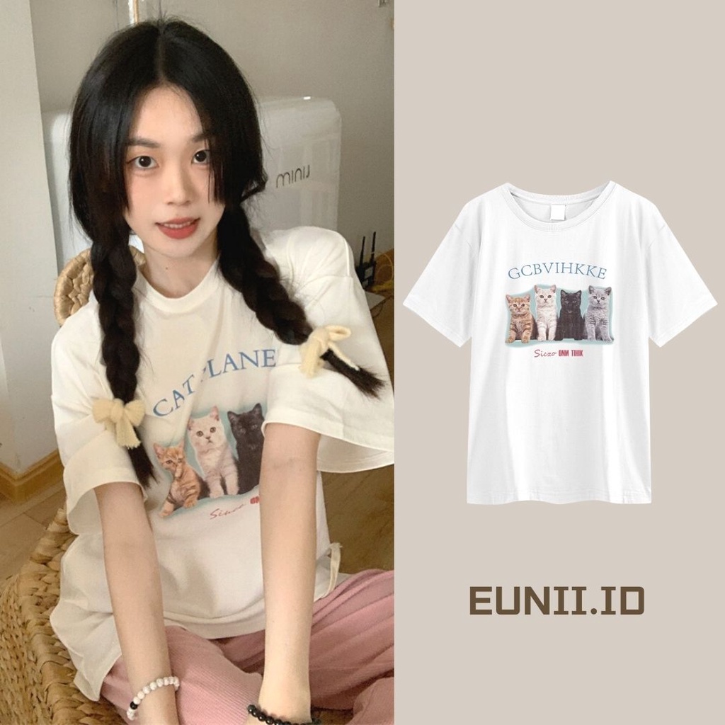 EUNII T-shirt Lengan Pendek Imut Kucing Pencetakan Longgar Korean Style/Kaos Atasan Wanita/Baju Kaus Oversize Wanita