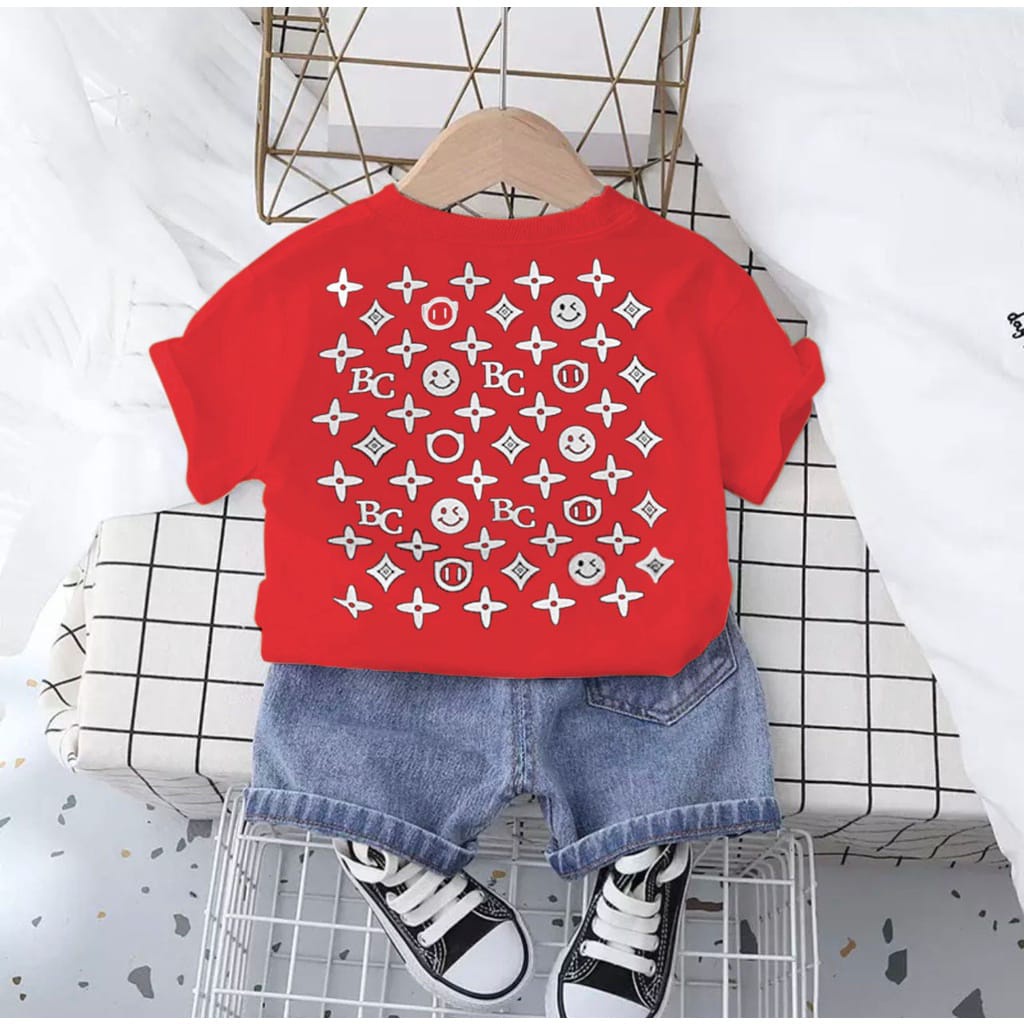 SETELAN ANAK KAOS BAHAN KATUN CELANA PENDEK DENIM UMUR 1-5 TAHUN