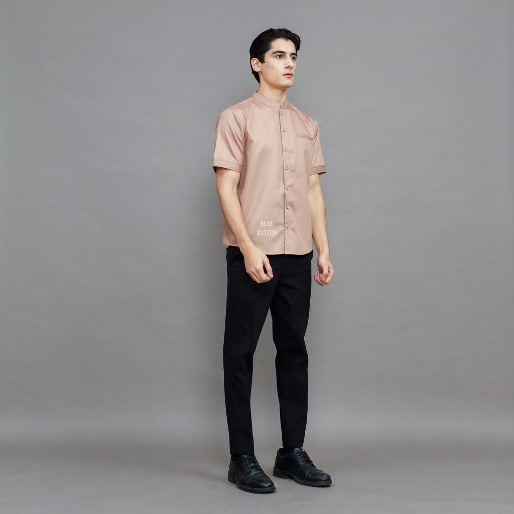 BlueButton Kemeja Koko Polos Lengan Pendek Kerah Shanghai Pria Warna Salem