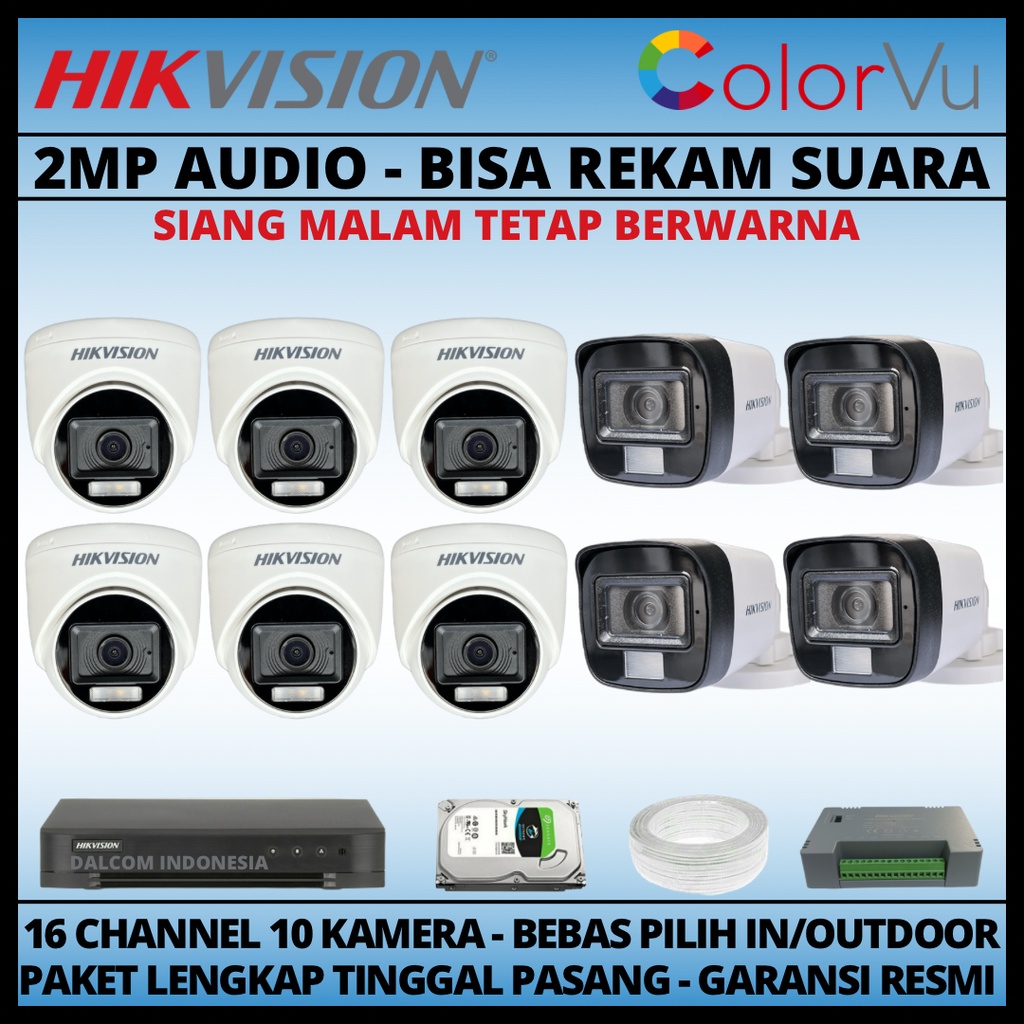 PAKET CCTV HIKVISION COLORVU 2MP 16 CHANNEL 10 KAMERA COLORFUL
