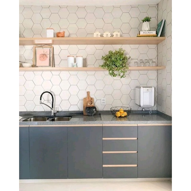 WALLPAPER HEXAGON PUTIH STIKER DINDING DAPUR PREMIUM BACKSPLASH