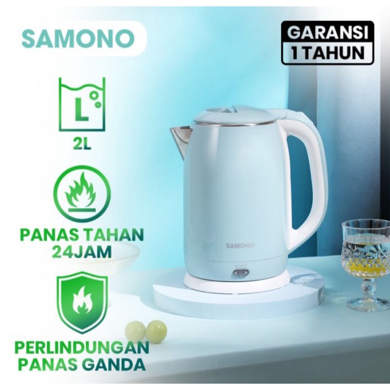 Samono 2L Teko Listrik Stainless Steel Tahan Panas 72 Jam Double Wall 55°C Anti Panas Ganda PTC Insulation