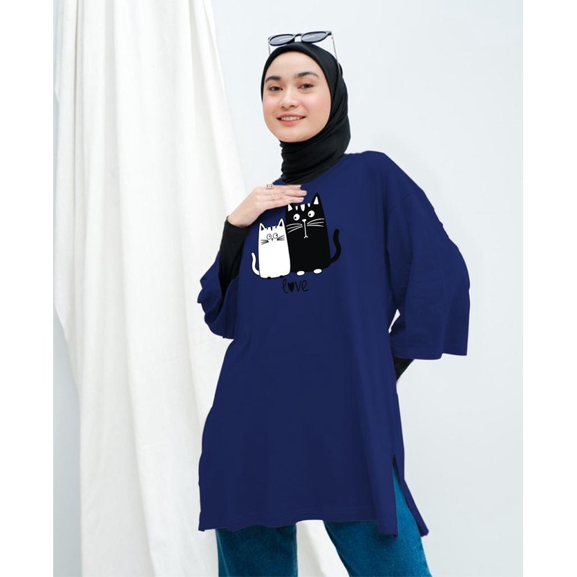 KAOS OVERSIZE TOP HIJAB WANITA BASIC MEOW LOVE / OVERSIZE SLIT BLOUSE