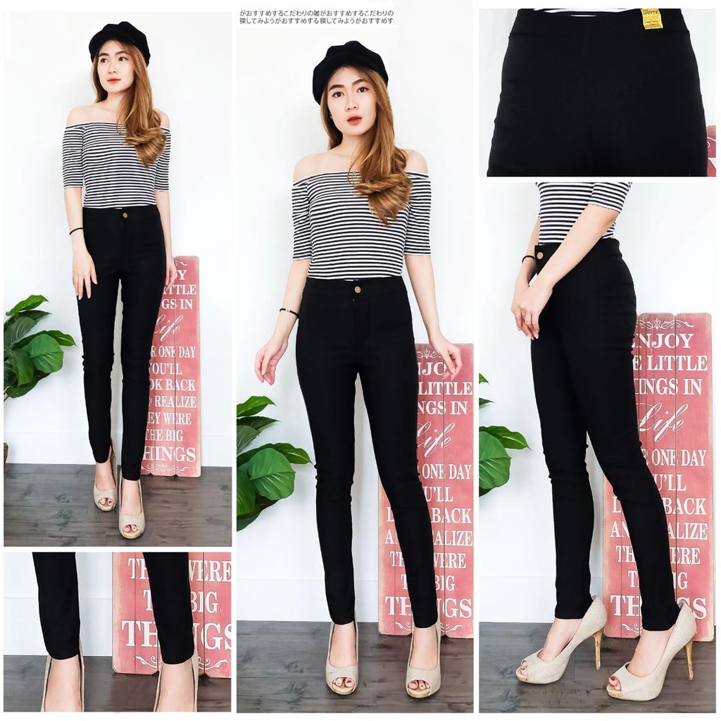 BESS - Celana Highwaist Cotton Strench Wanita - BLACK