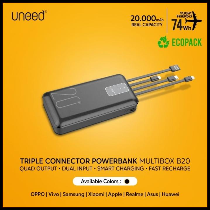 Powerbank Uneed B20 20000Mah Built In Cable Fast Charging 2.1A