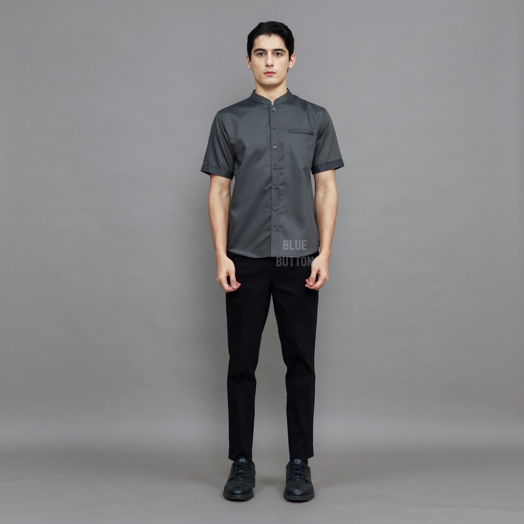 BlueButton Kemeja Koko Polos Lengan Pendek Kerah Shanghai Pria Warna Salem