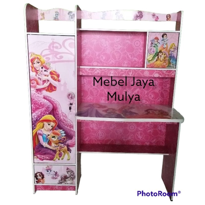 Meja Belajar Anak Karakter Kartun Disney MBB 150 Tempat Duduk Pintu Laci Rak Buku Serbaguna Princes 