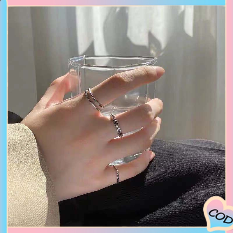 COD❤3Pcs Cincin Silver Korea Gaya Aesthetic Ring Pria Keren Untuk Wanita Aksesori Fashion Tri