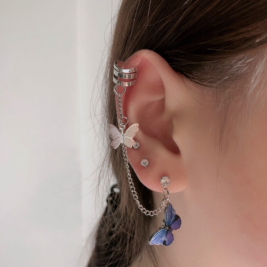 1pc Anting Rantai Panjang Bentuk Kupu-Kupu Tahan Lama Gaya Punk Untuk Aksesoris Perhiasan