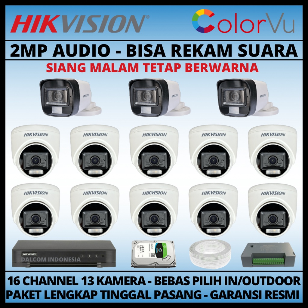 PAKET CCTV HIKVISION COLORVU 2MP 16 CHANNEL 13 KAMERA COLORFUL