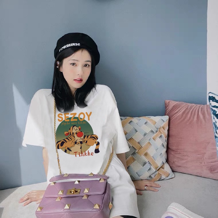 EUNII T-shirt Lengan Pendek Cetakan Kartun Harimau Longgar Korean Style/Kaos Atasan Wanita/Baju Kaus Oversize Wanita