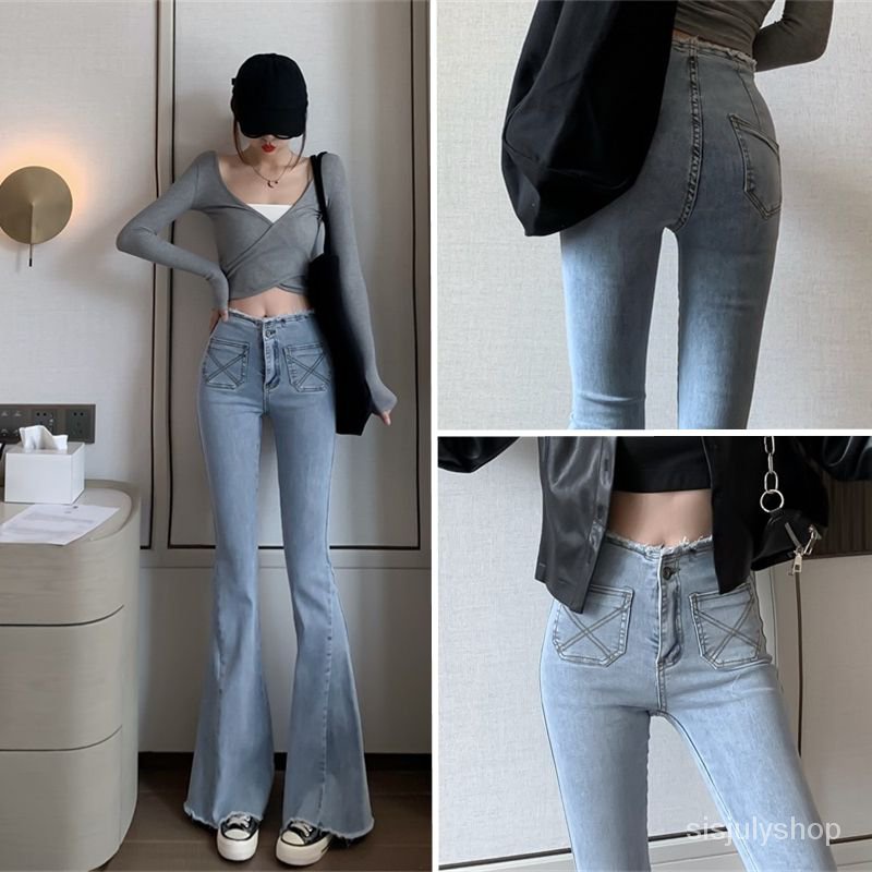 #Sisjuly# Retro High Waist Raw Edge Jeans Wanita Baru Longgar Celana Berkobar Serbaguna Celana Panja